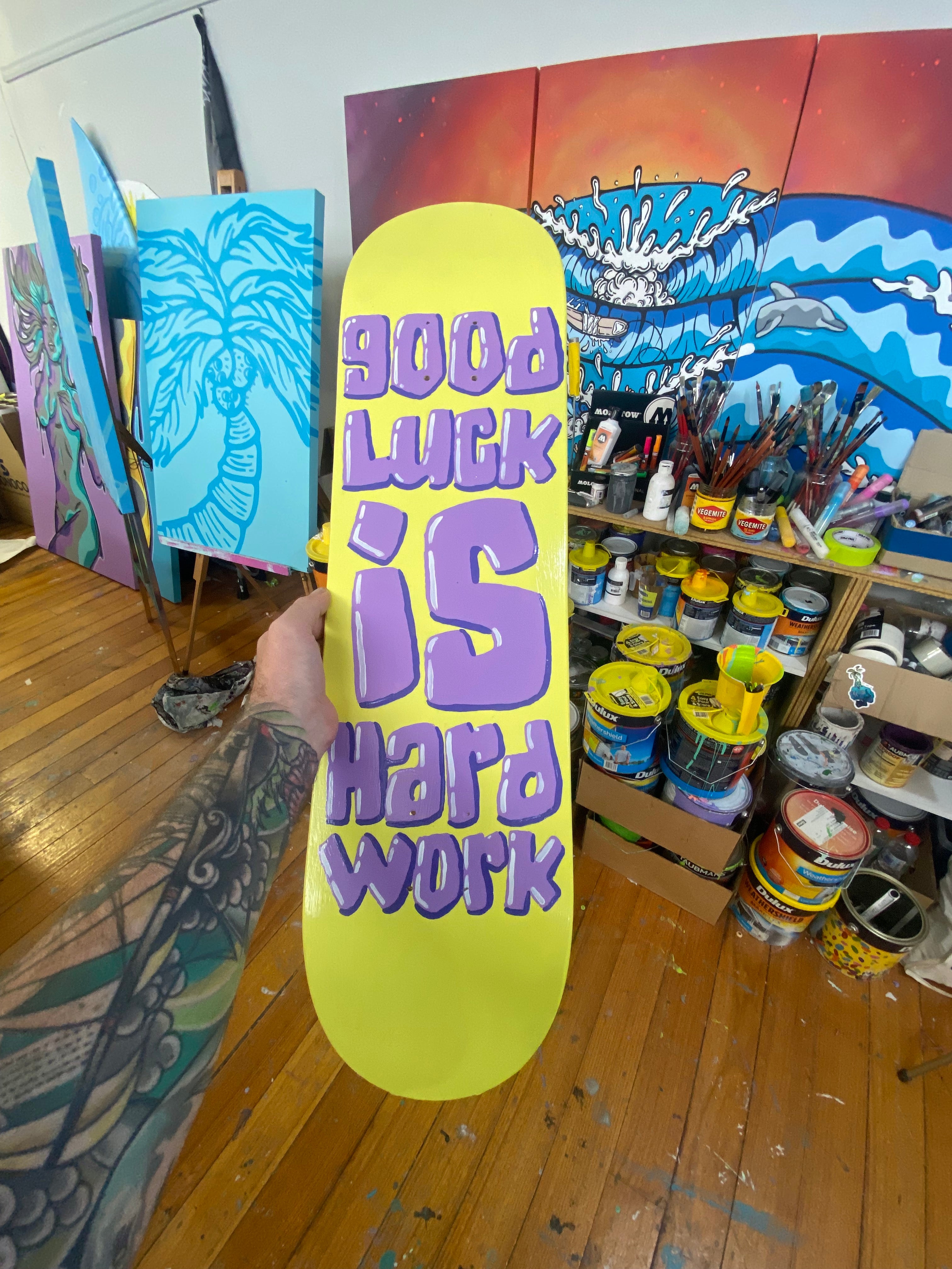 Original: "Good Luck is Hard Work" Skateboard Artwork